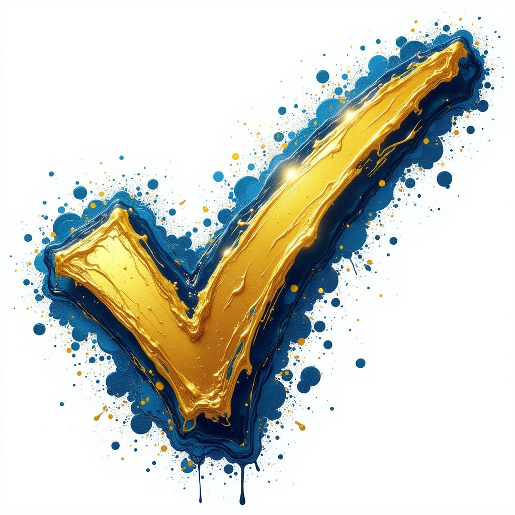 Artistic depiction of a blue and gold check mark with splashes on a white