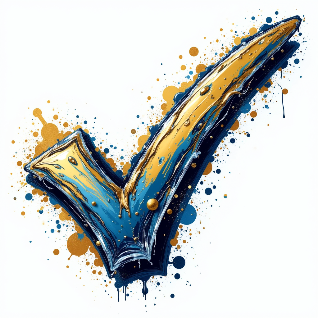 Artistic depiction of a blue and gold check mark with splashes on a white background