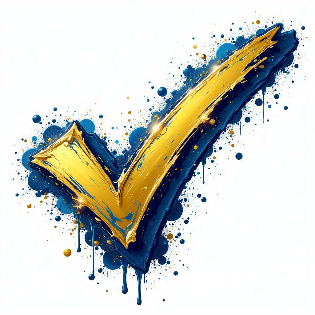 Artistic depiction of a blue and gold check mark with splashes on a white