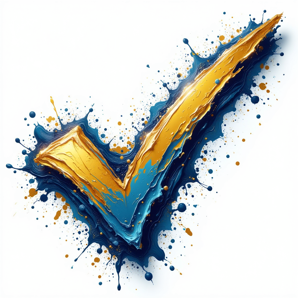 Artistic depiction of a blue and gold check mark with splashes on a white