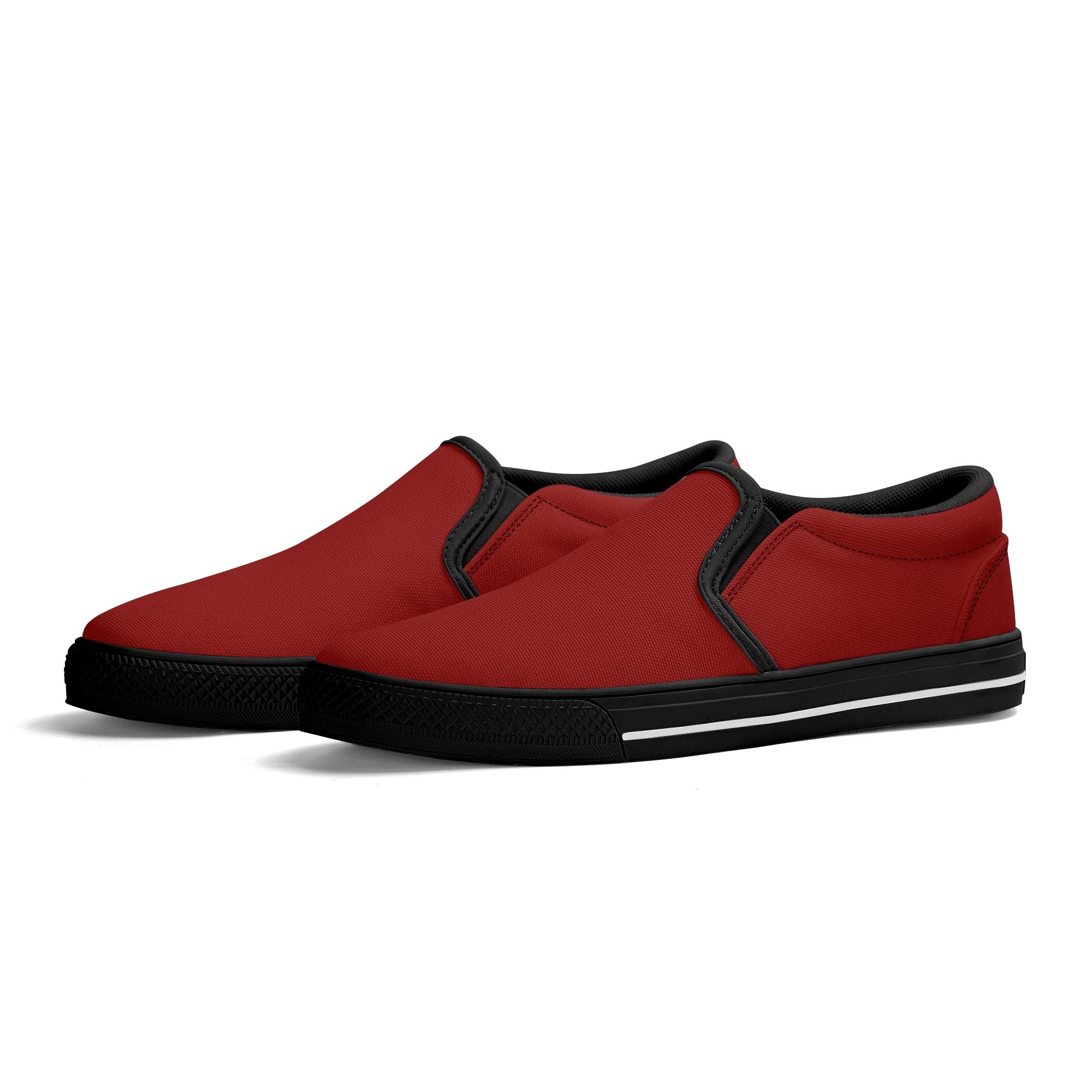 Red All Over Canvas Slipons (black pair angled)