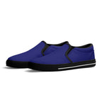 Midnight Blue All Over Canvas Slipons (black pair angled)