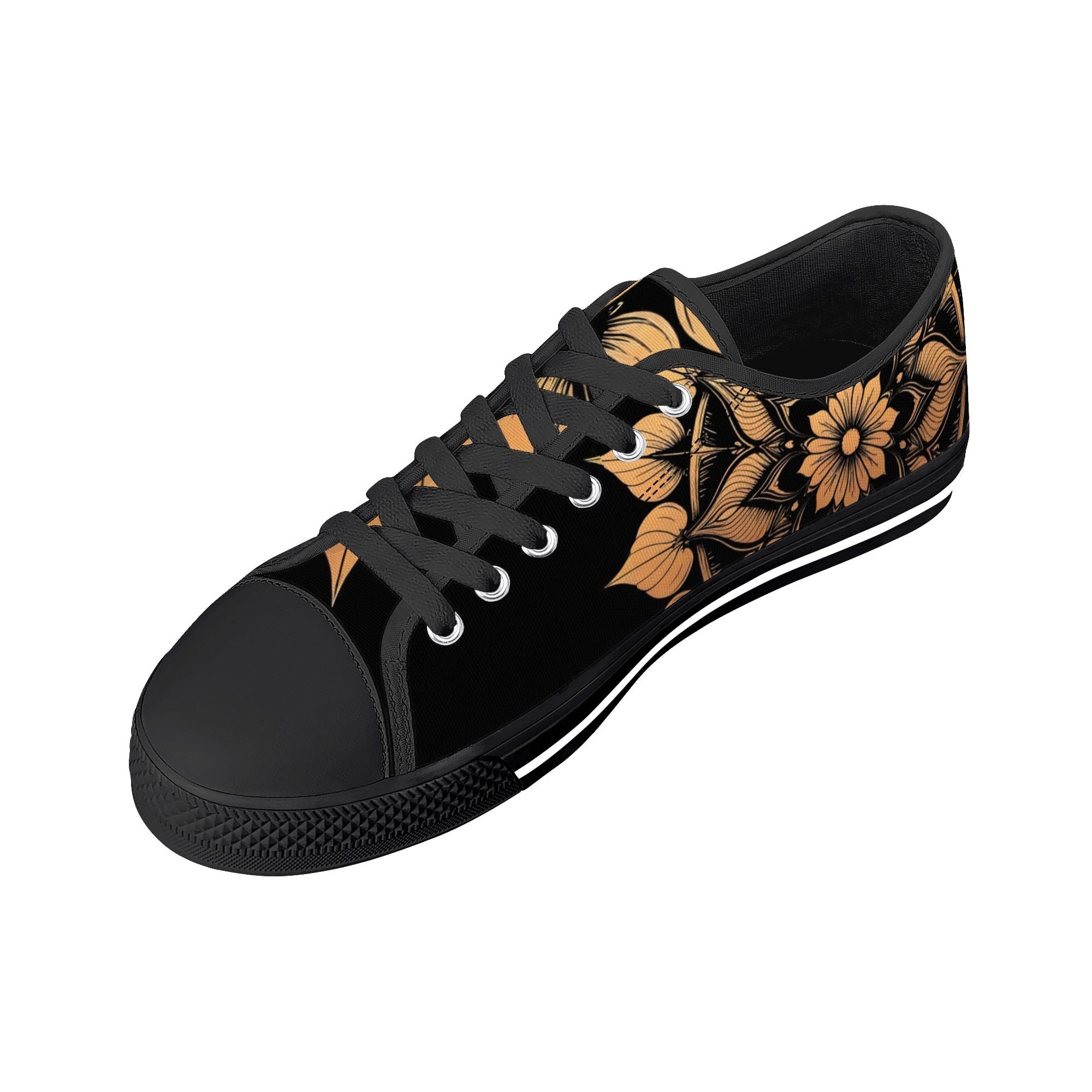 Antique Mandala on Black Canvas Lowtops (black right above angled)