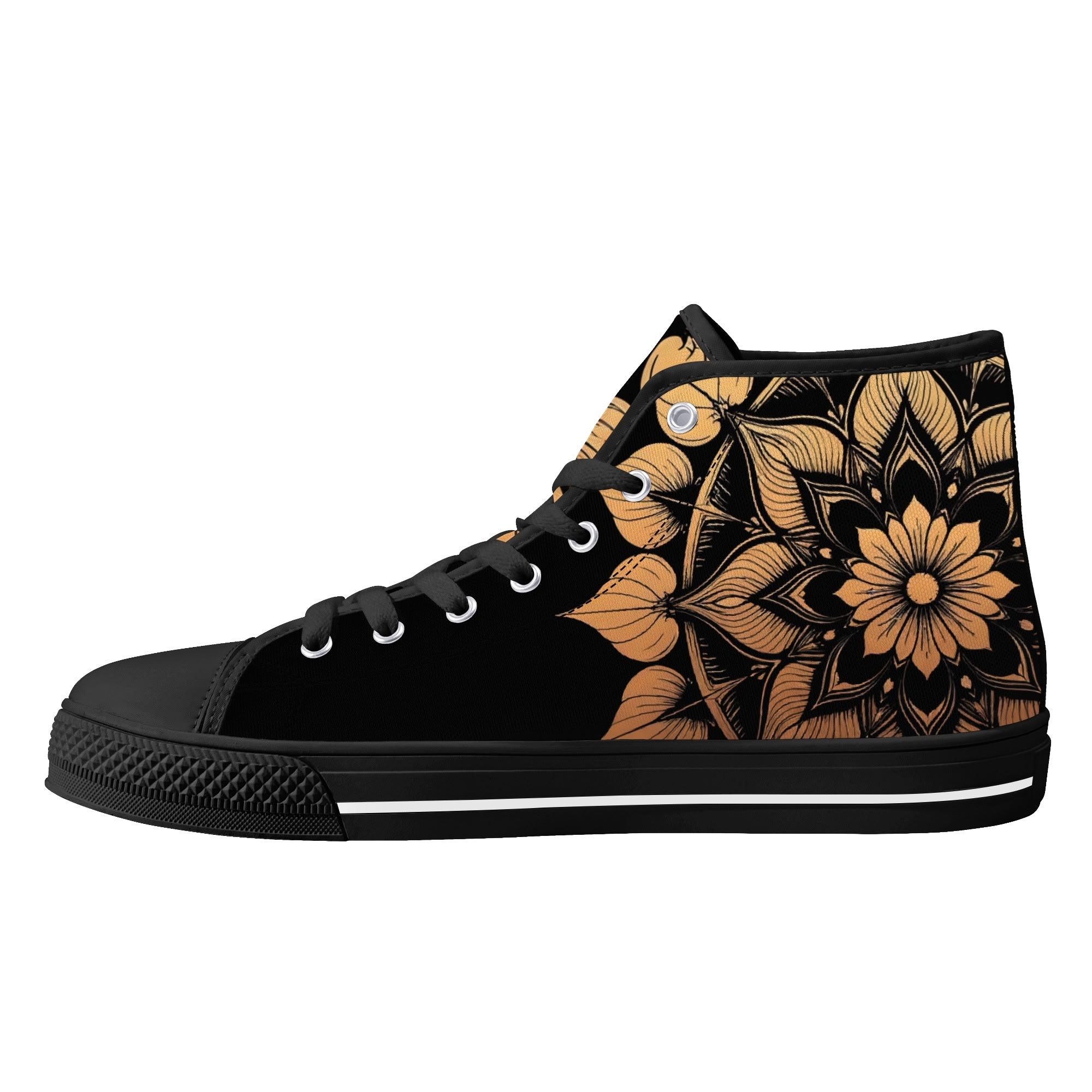 Antique Mandala on Black Canvas Hightops (black right inside)