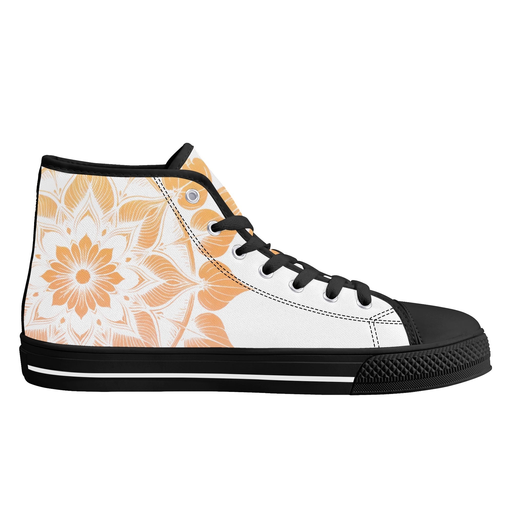 Antique Mandala on White Canvas Hightops (black left inside)