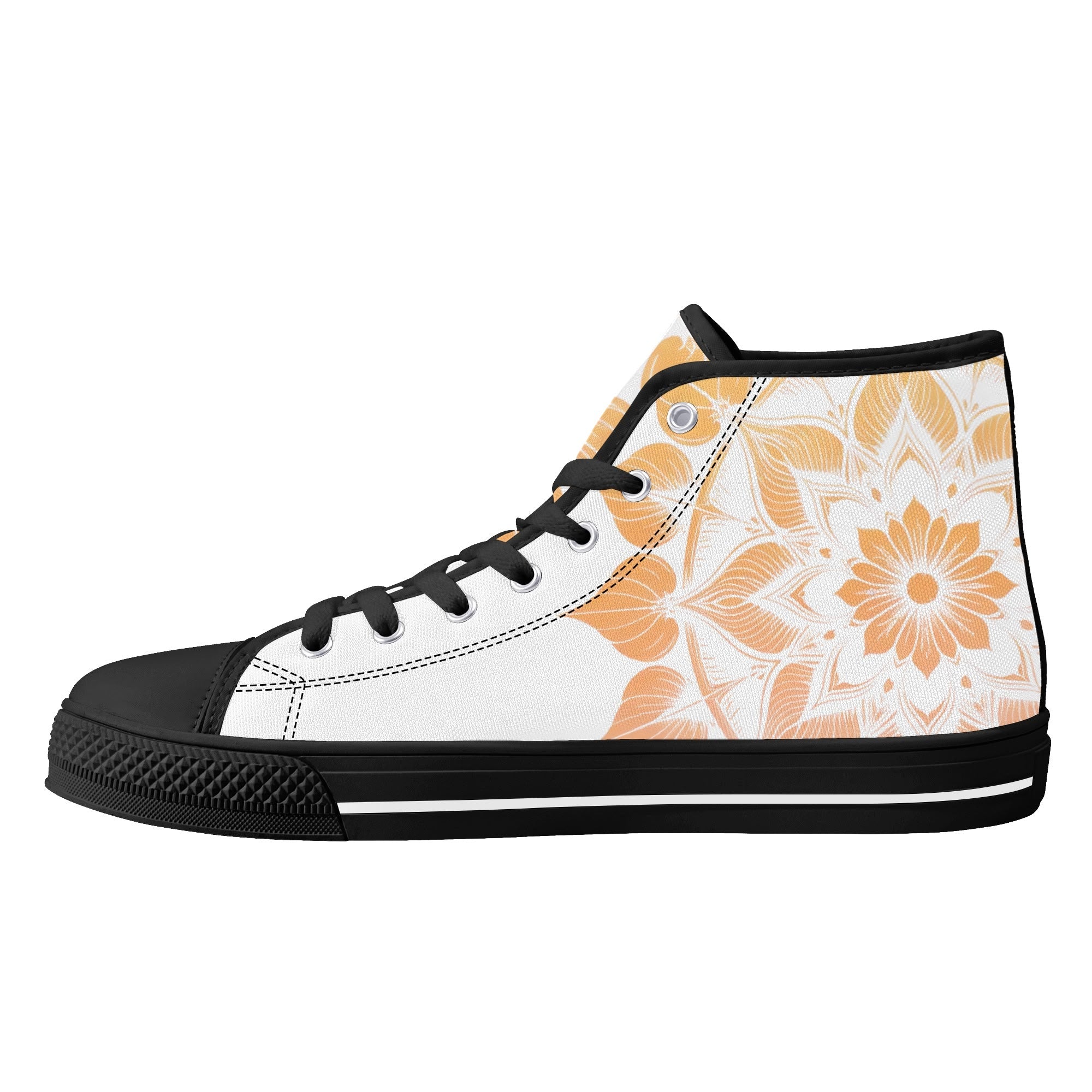 Antique Mandala on White Canvas Hightops (black right inside)
