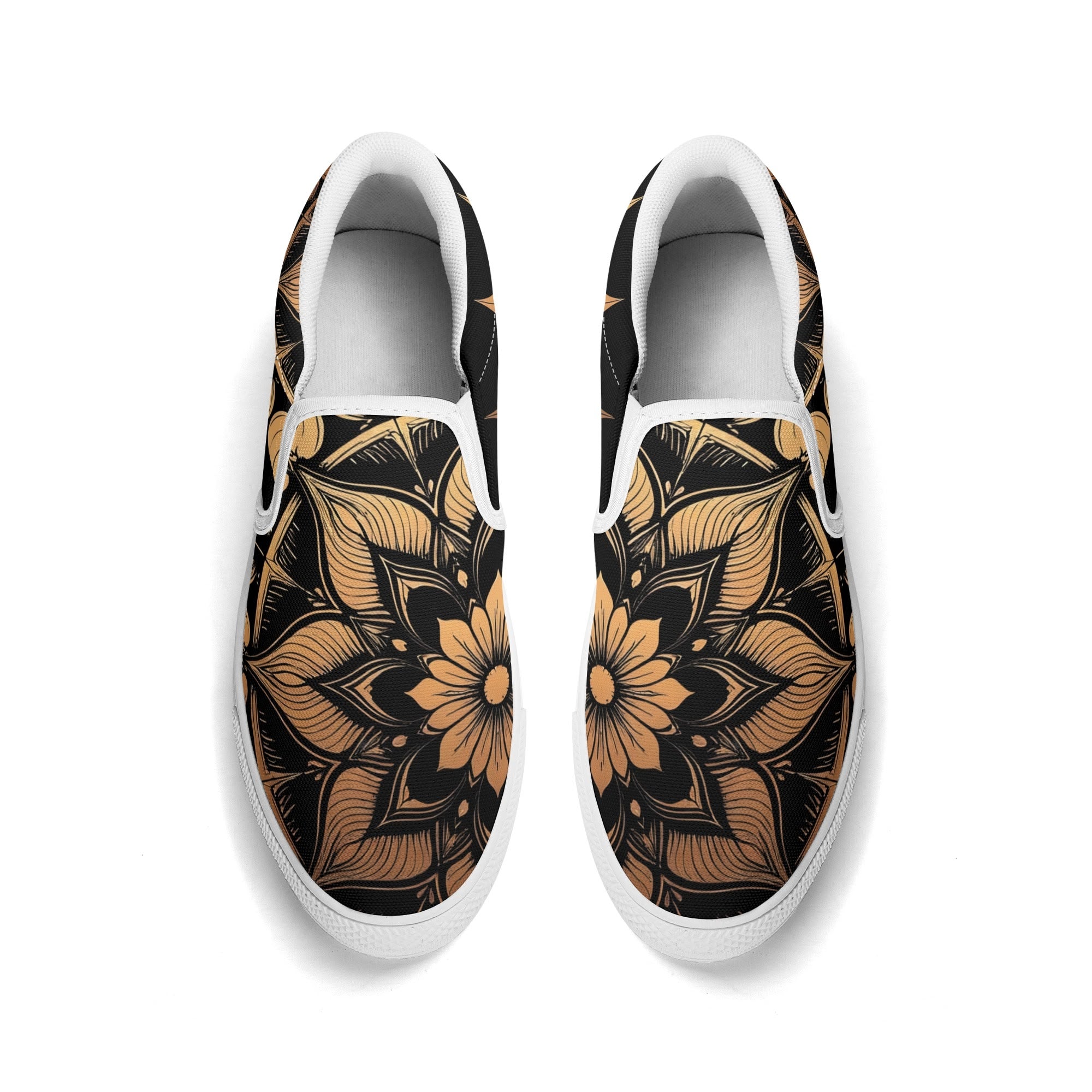 Antique Mandala on Black Canvas Slipons (white pair top)