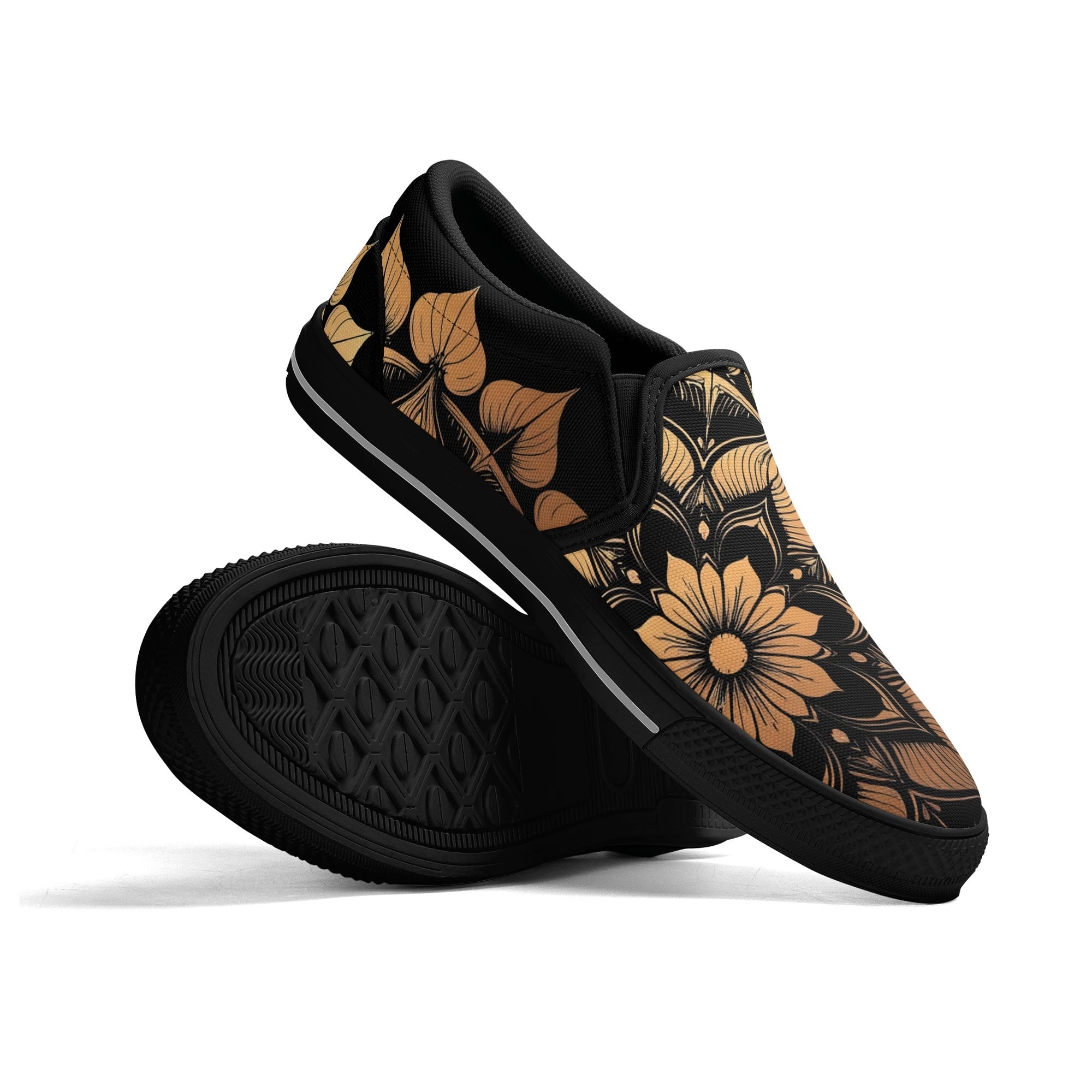 Antique Mandala on Black Canvas Slipons (black pair stacked)