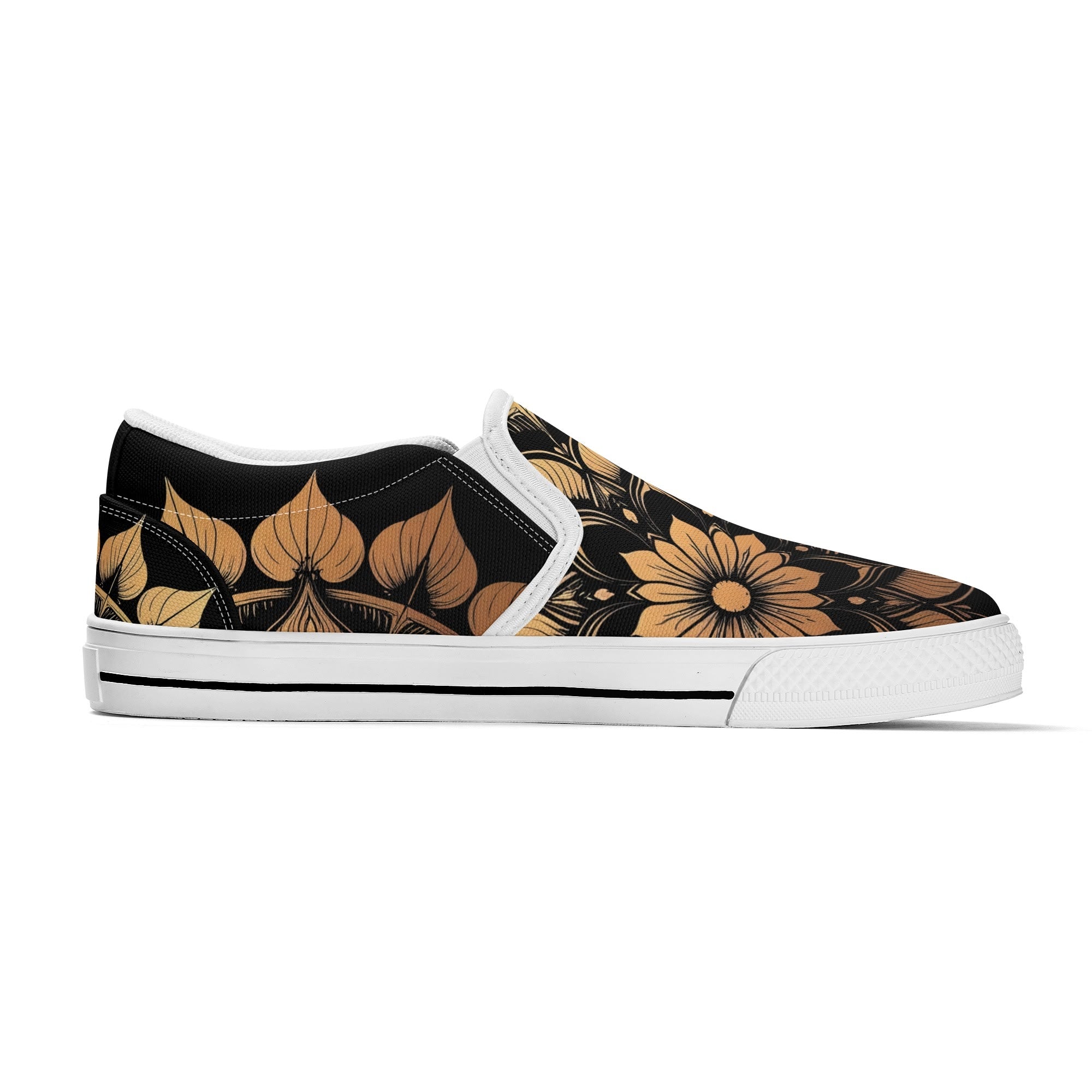 Antique Mandala on Black Canvas Slipons (white left inside)