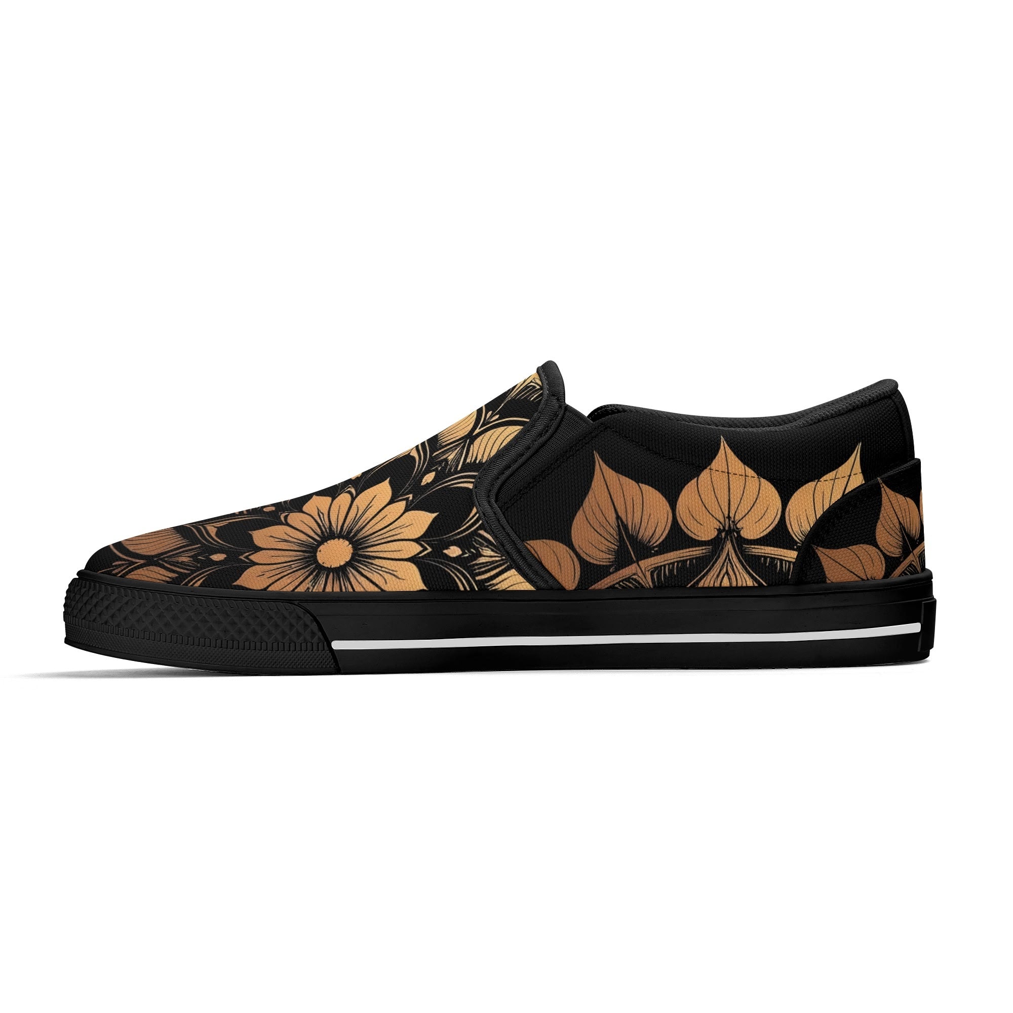 Antique Mandala on Black Canvas Slipons (black right inside)