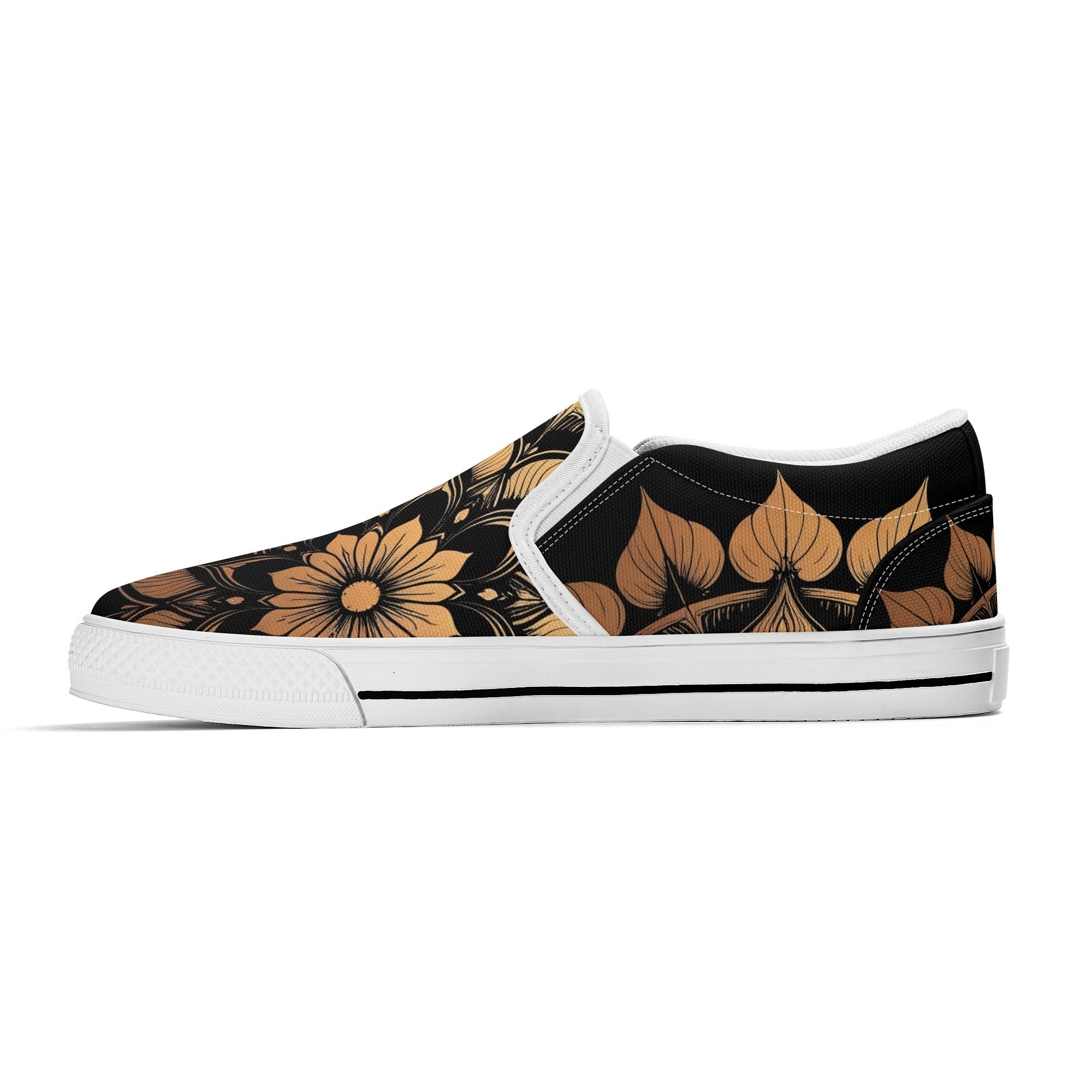 Antique Mandala on Black Canvas Slipons (white right inside)