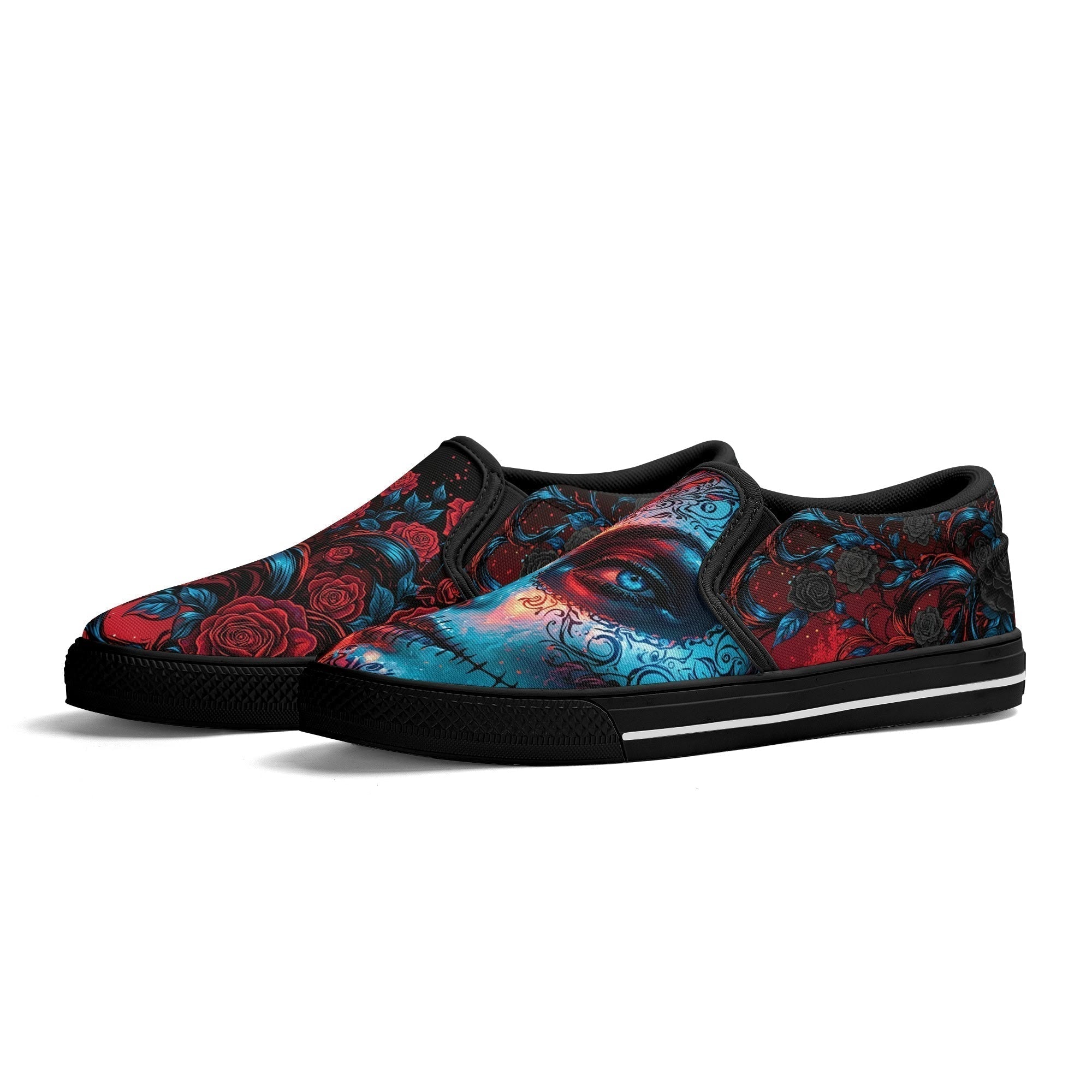La Rosa de los Muertos Canvas Slipons (black pair angled)