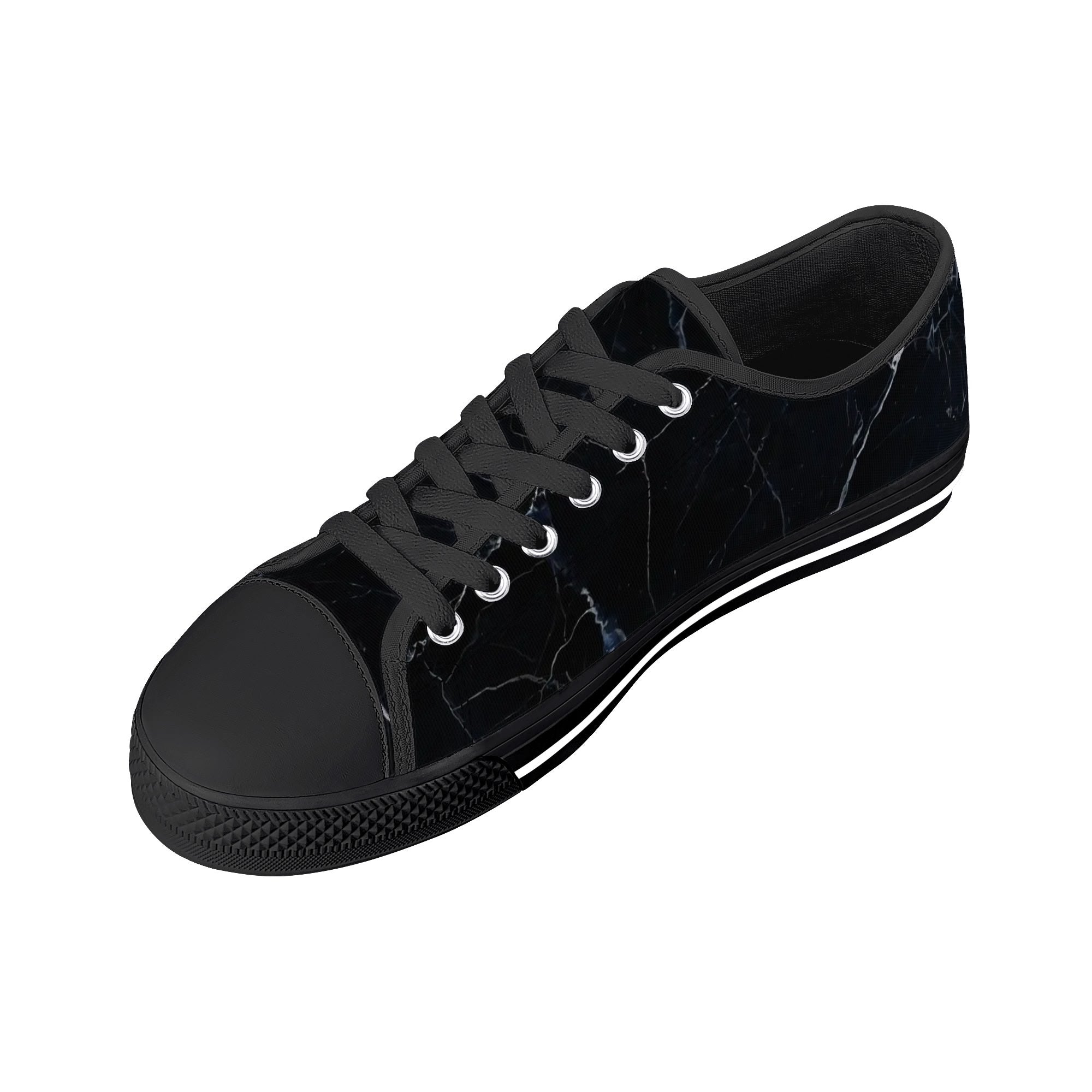 Black Marquina Canvas Lowtops (black right above angled)