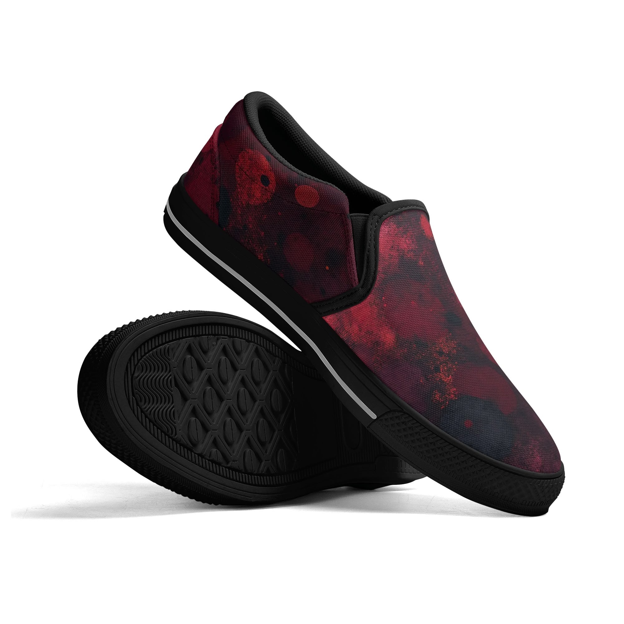 Dot Shift in Red Canvas Slipons (black pair stacked)