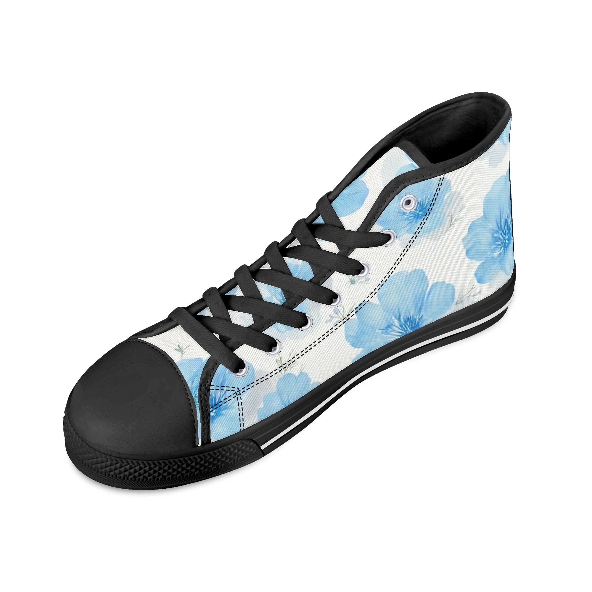 Floral Blue Porcelain Canvas Hightops (black right above angled)