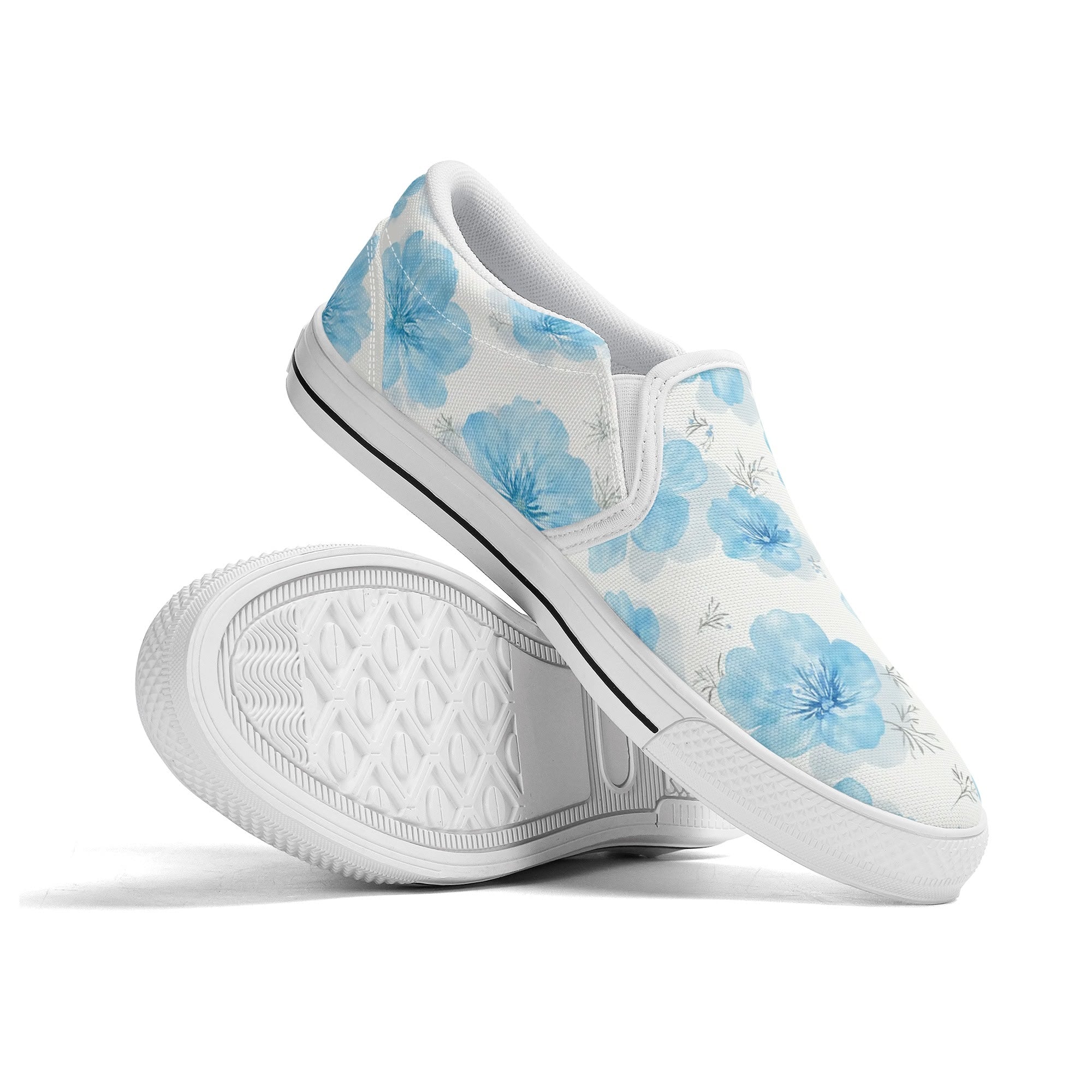 Floral Blue Porcelain Canvas Slipons (white pair stacked)