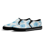 Floral Blue Porcelain Canvas Slipons (black pair angled)