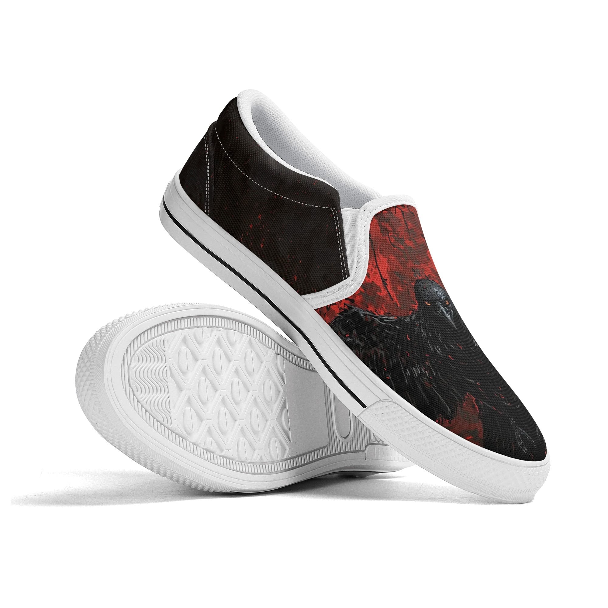 Bloodmoon Raven Canvas Slipons (white pair stacked)