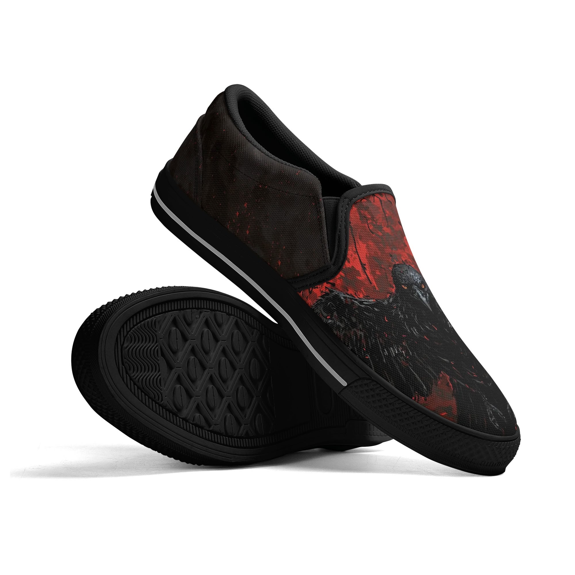 Bloodmoon Raven Canvas Slipons (black pair stacked)