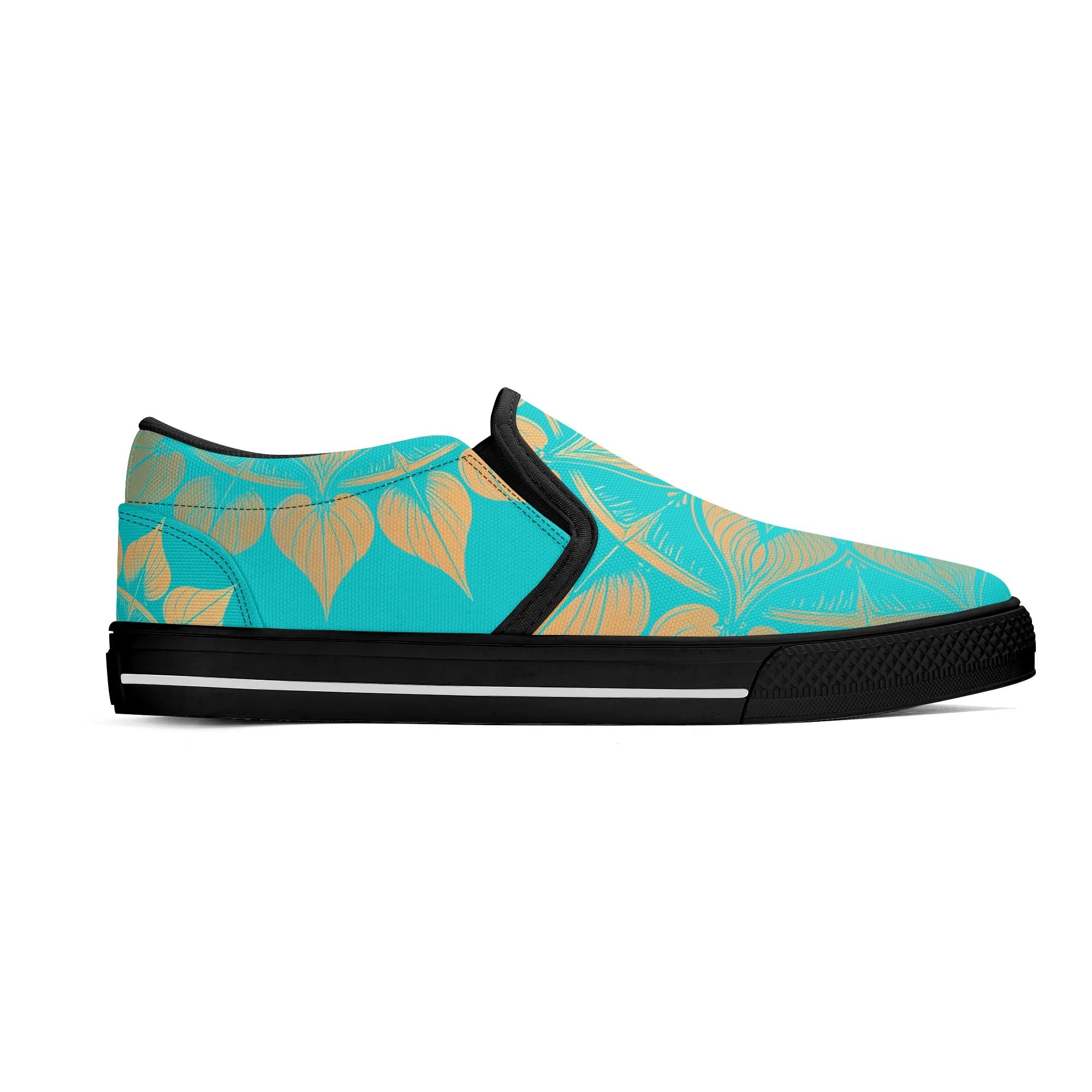 Antique Mandala on Cyan Canvas Slipons (black right outside)