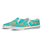 Antique Mandala on Cyan Canvas Slipons (white pair angled)