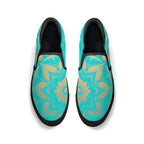 Antique Mandala on Cyan Canvas Slipons (black pair top)