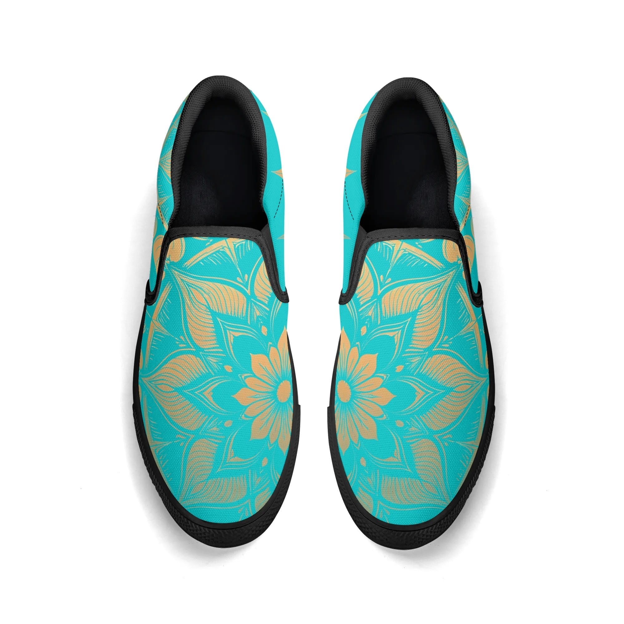 Antique Mandala on Cyan Canvas Slipons (black pair top)