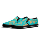 Antique Mandala on Cyan Canvas Slipons (black pair angled)