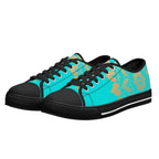 Antique Mandala on Cyan Canvas Lowtops (black pair angled)