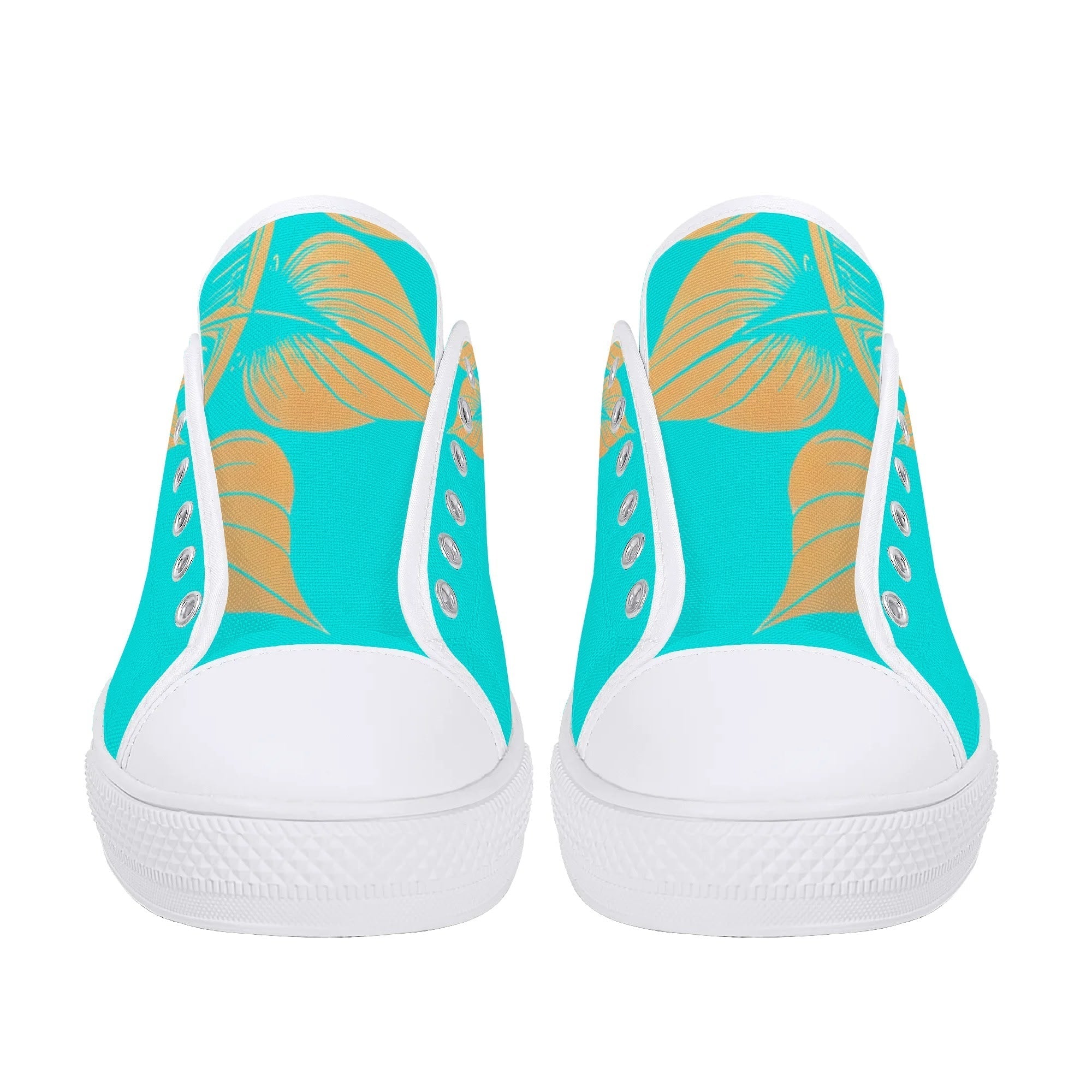 Antique Mandala on Cyan Canvas Lowtops (white pair front)