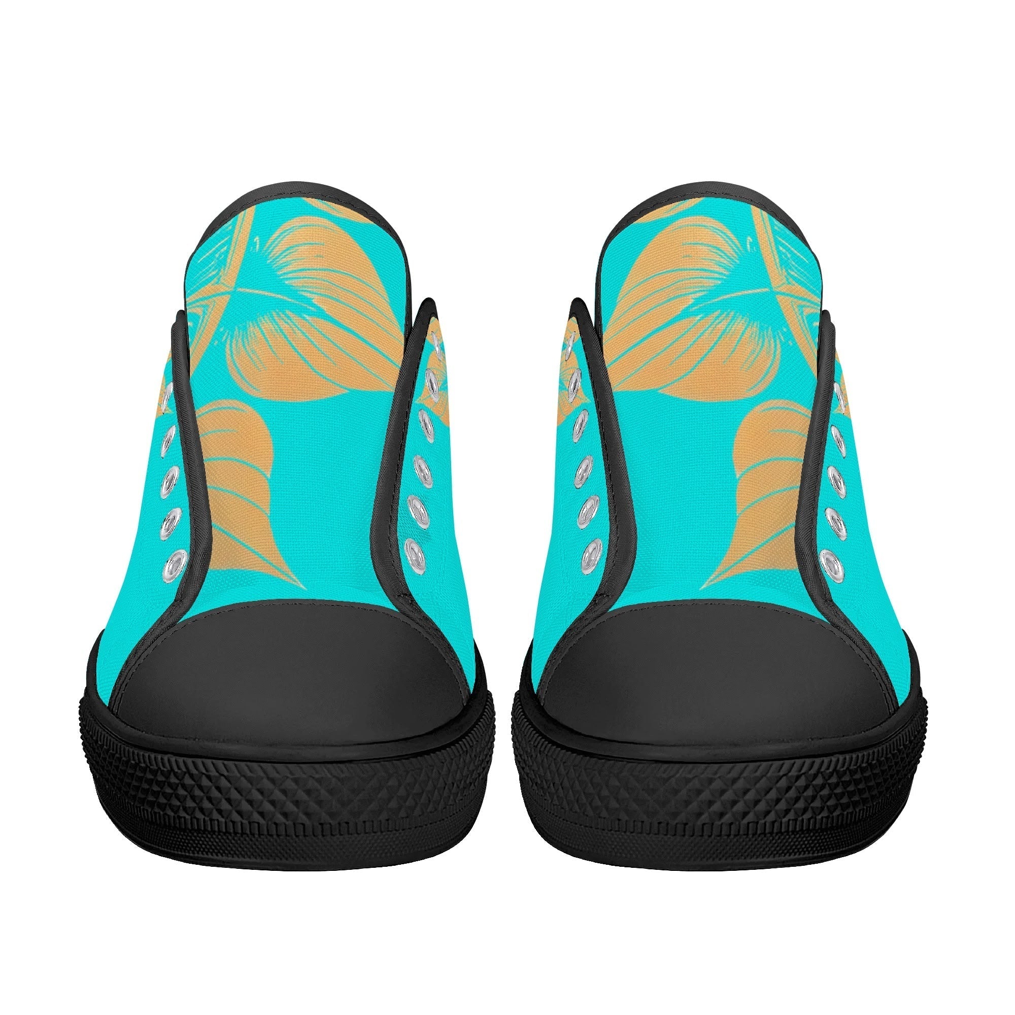 Antique Mandala on Cyan Canvas Lowtops (black pair front)