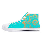 Antique Mandala on Cyan Canvas Hightops (white left outside)