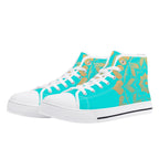 Antique Mandala on Cyan Canvas Hightops (white pair angled)