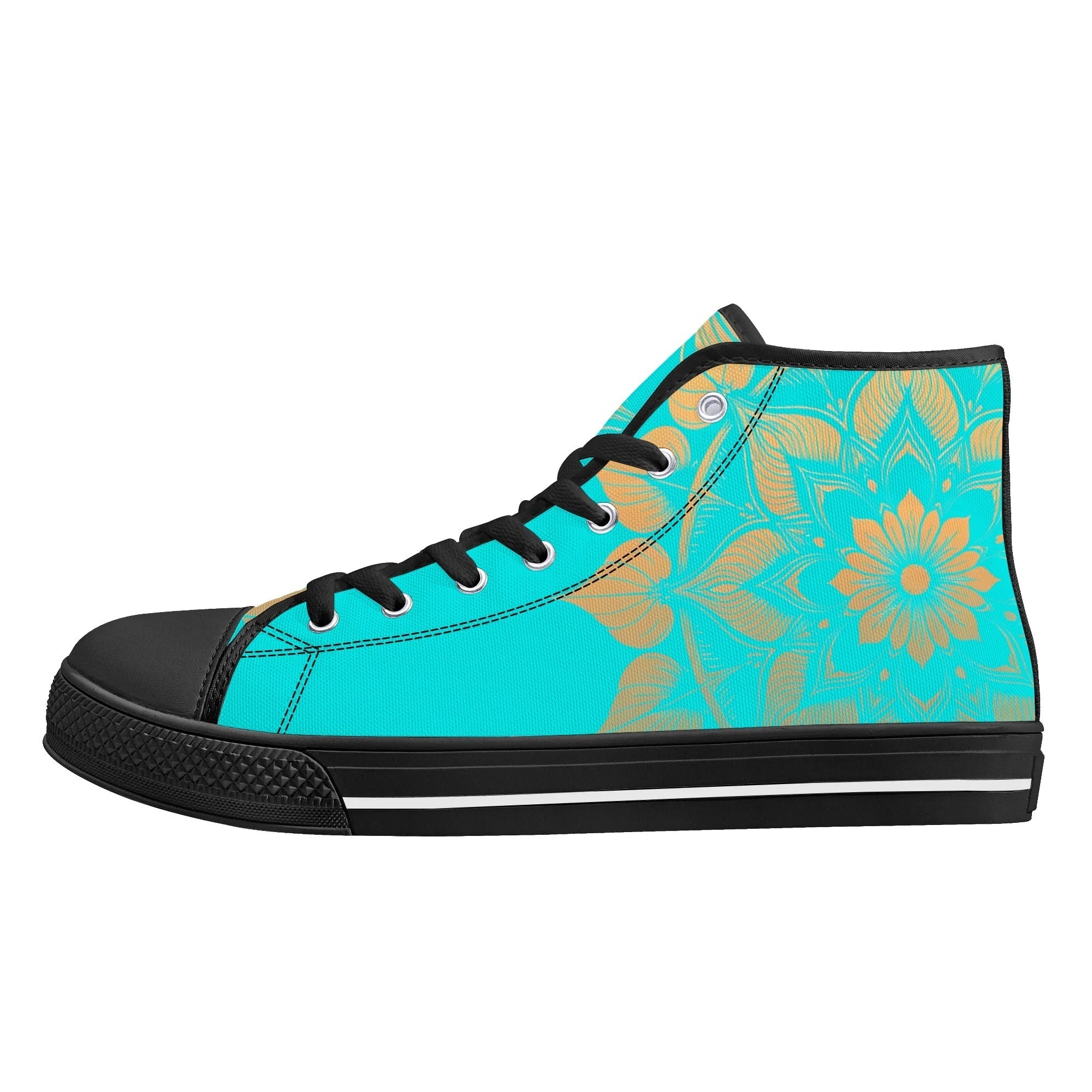 Antique Mandala on Cyan Canvas Hightops (black left outside)