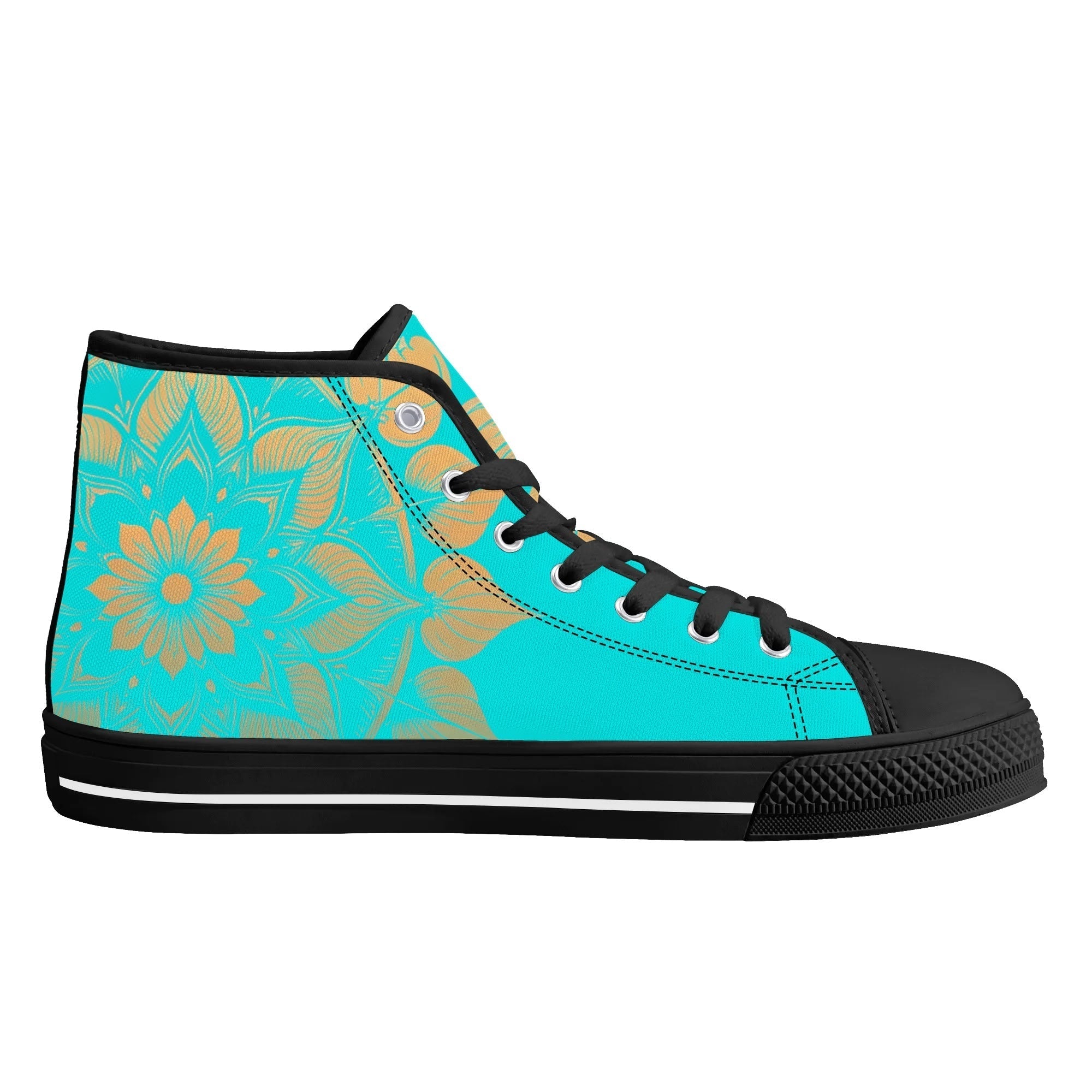 Antique Mandala on Cyan Canvas Hightops (black left inside)