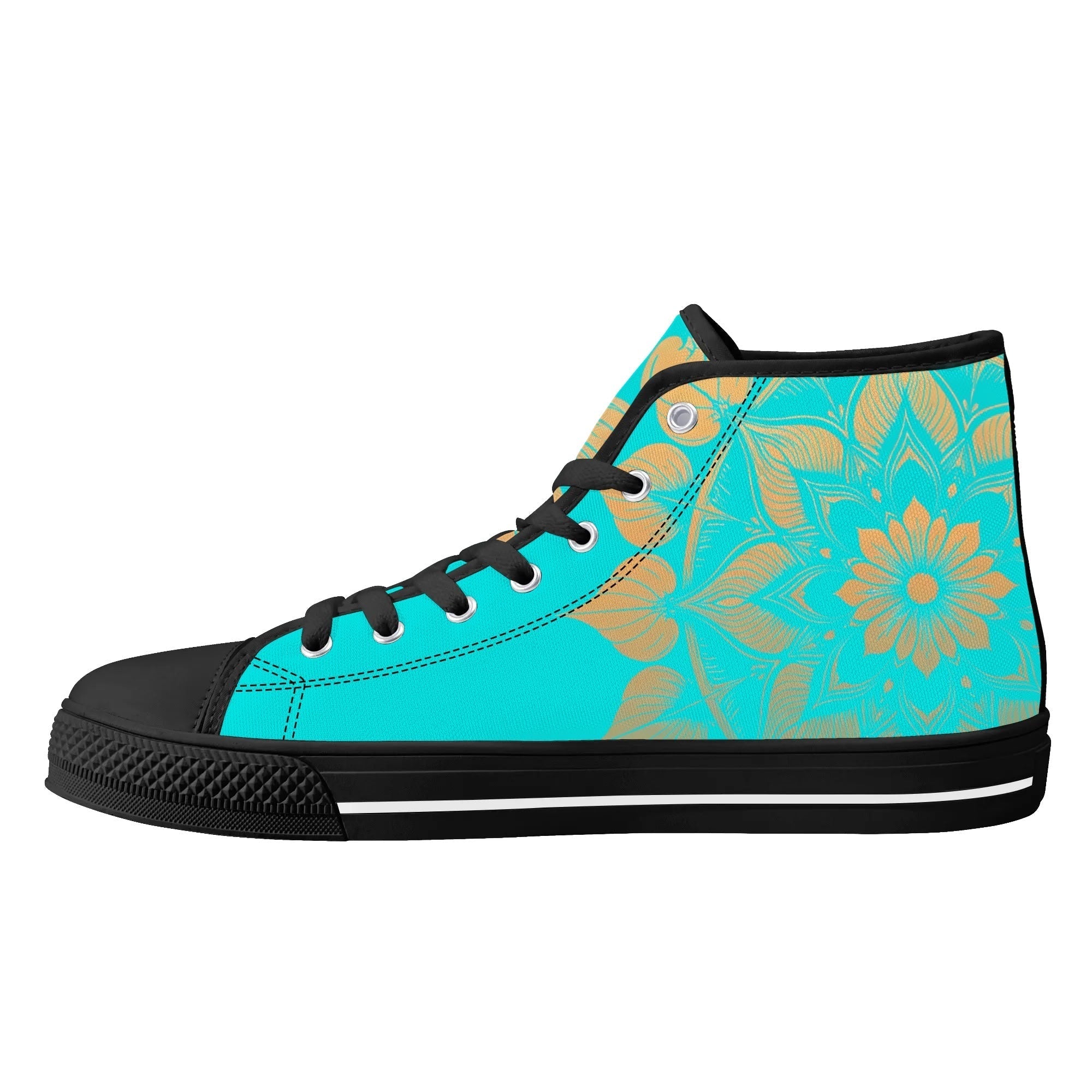 Antique Mandala on Cyan Canvas Hightops (black right inside)