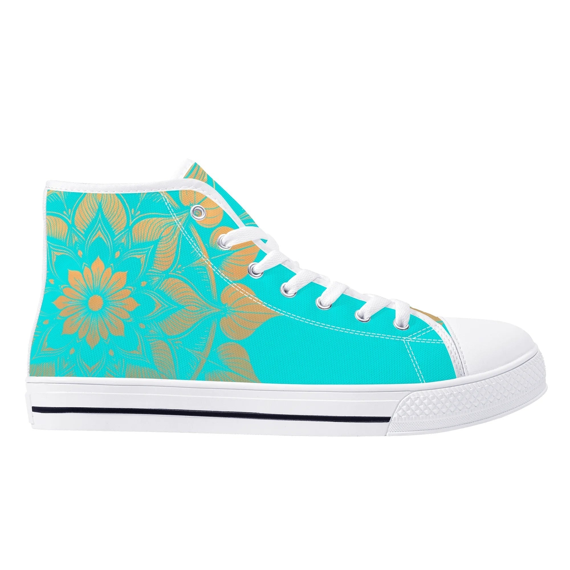 Antique Mandala on Cyan Canvas Hightops (white right outside)