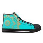 Antique Mandala on Cyan Canvas Hightops (black right outside)