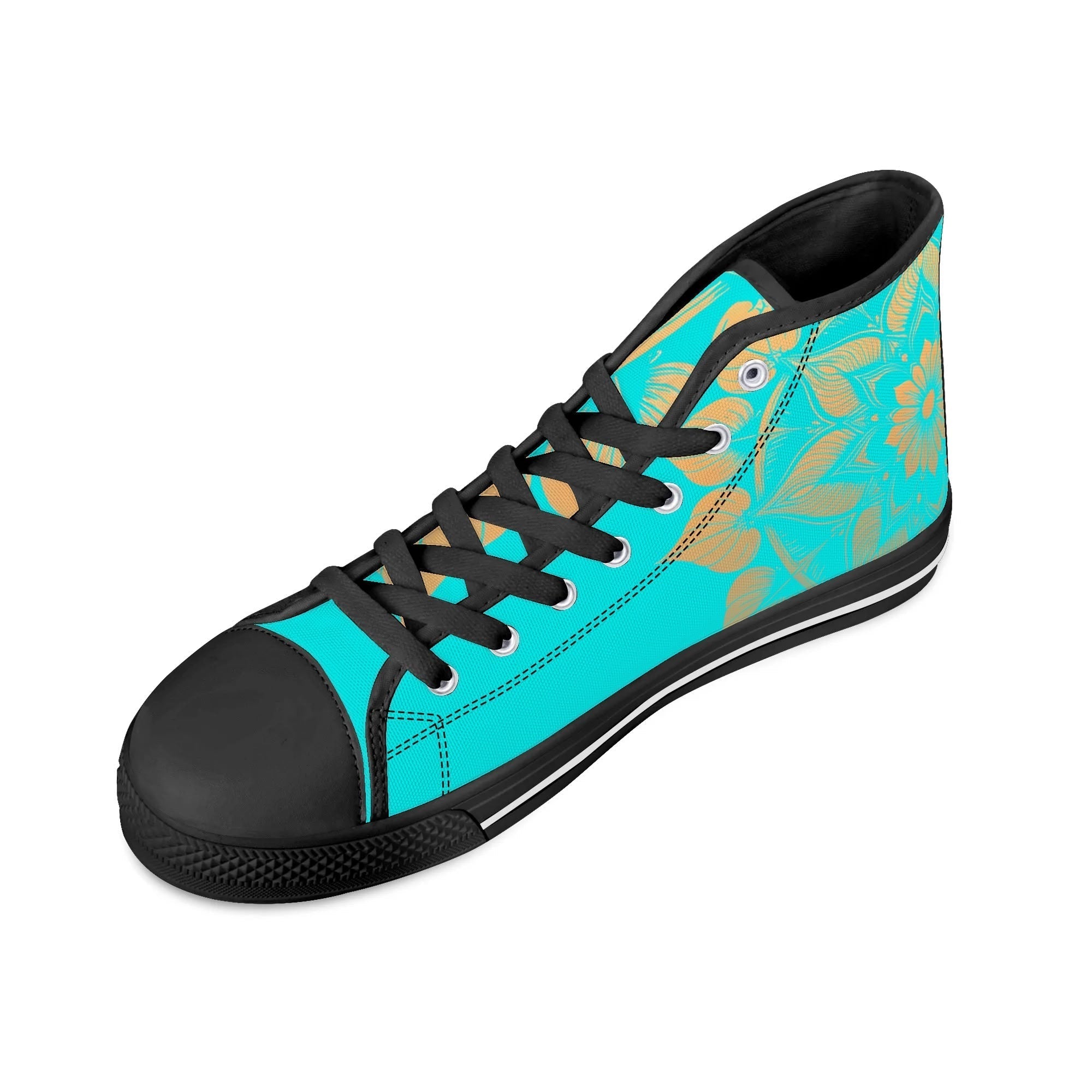 Antique Mandala on Cyan Canvas Hightops (black right above angled)