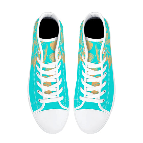 Antique Mandala on Cyan Canvas Hightops (white pair top)