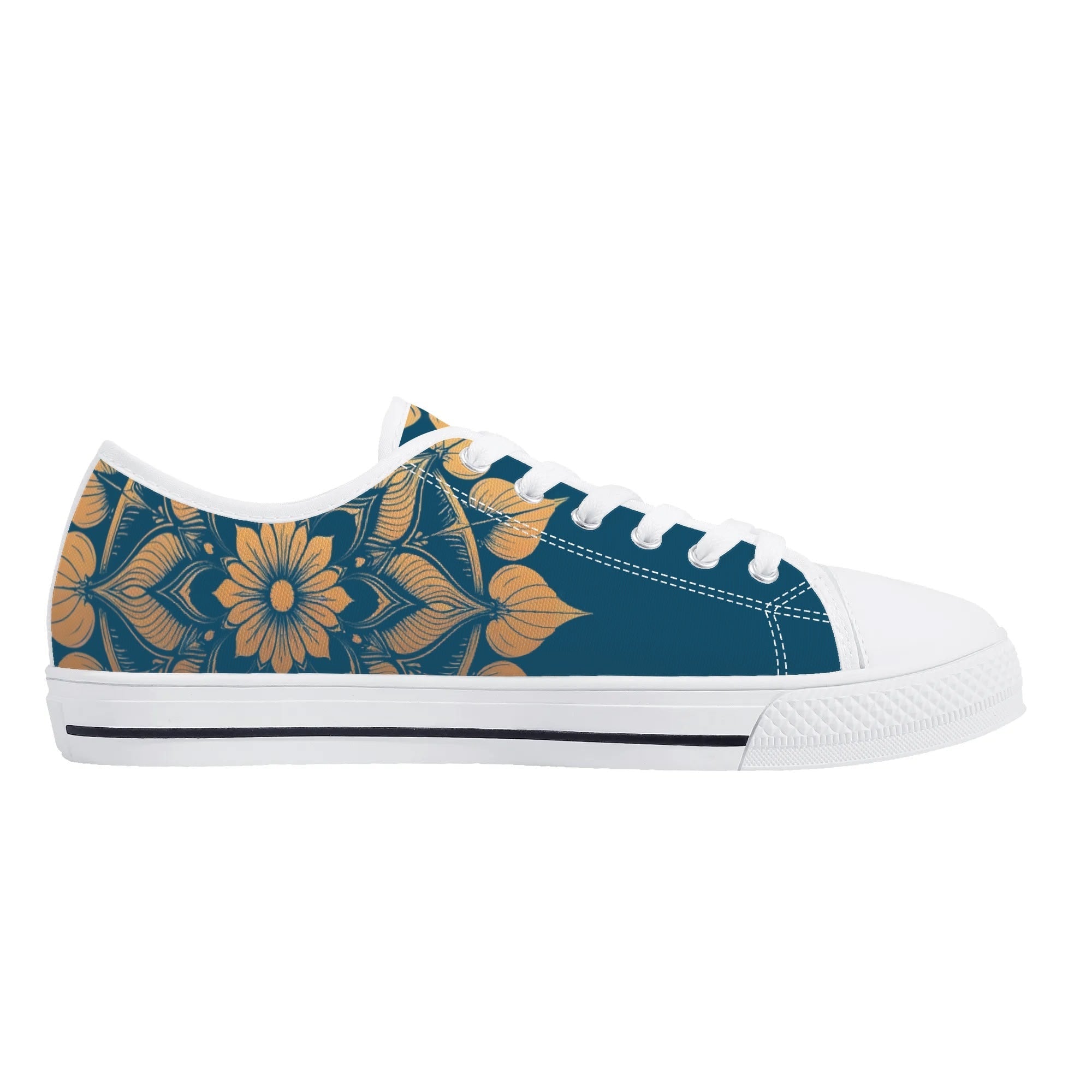 Antique Mandala on Dark Blue Canvas Lowtops (white left inside)