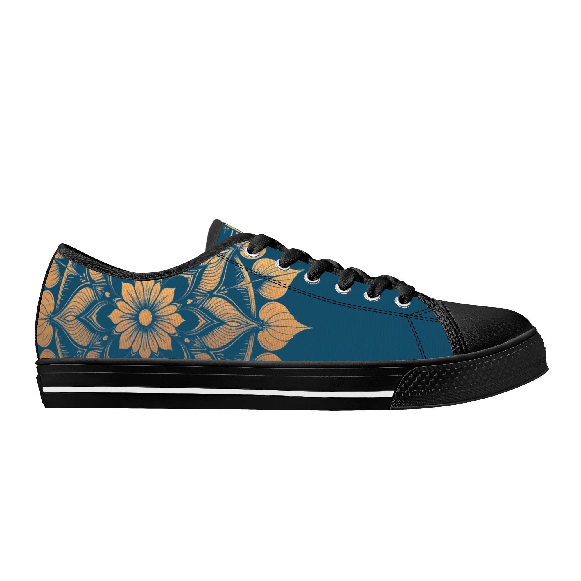 Antique Mandala on Dark Blue Canvas Lowtops (black right outside)