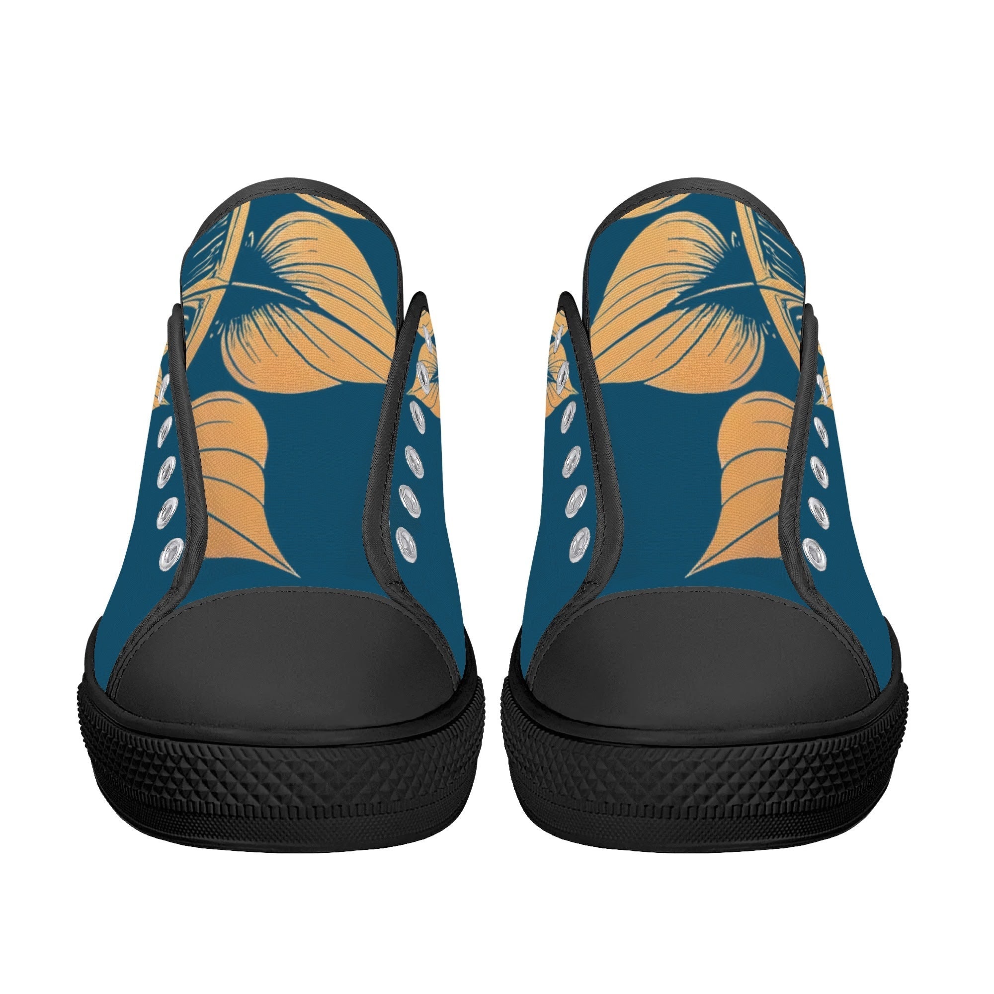 Antique Mandala on Dark Blue Canvas Lowtops (black pair front)