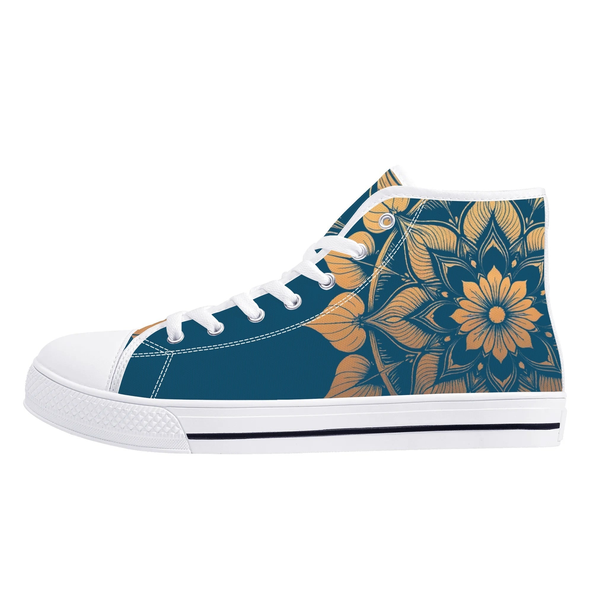 Antique Mandala on Dark Blue Canvas Hightops (white left outside)