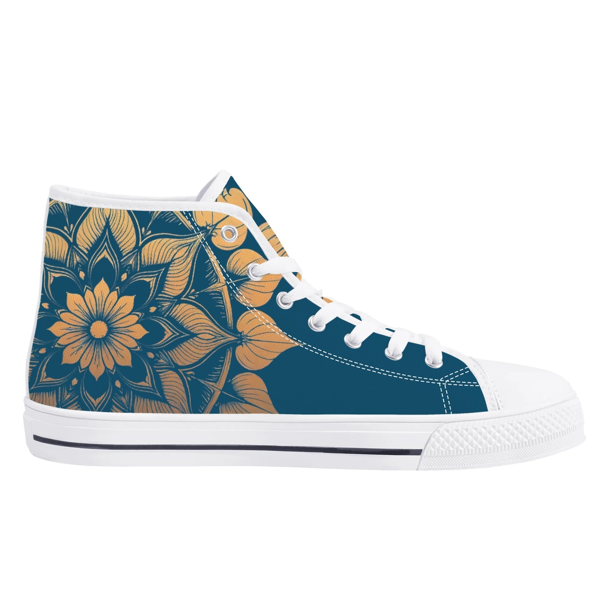 Antique Mandala on Dark Blue Canvas Hightops (white left inside)