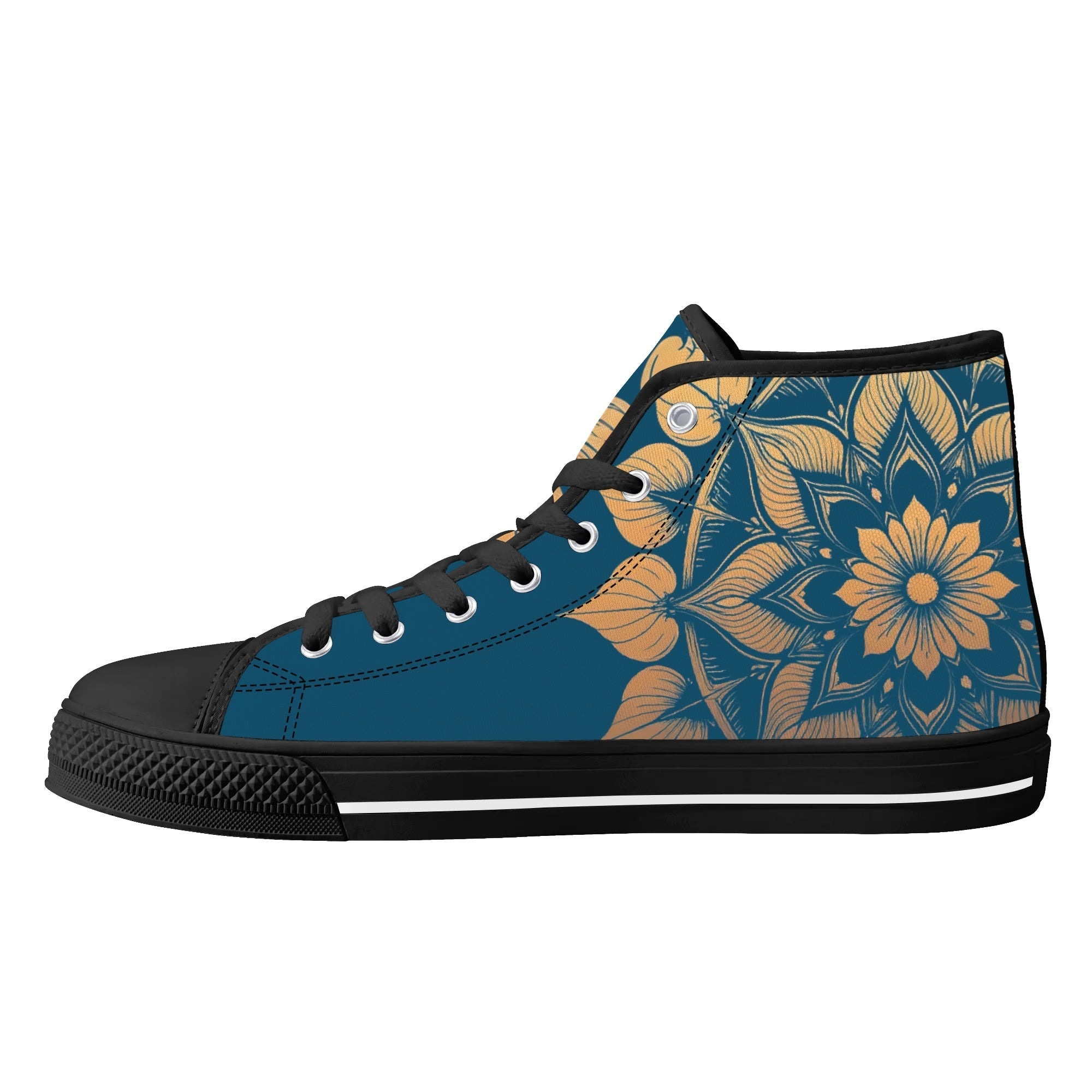Antique Mandala on Dark Blue Canvas Hightops (black right inside)