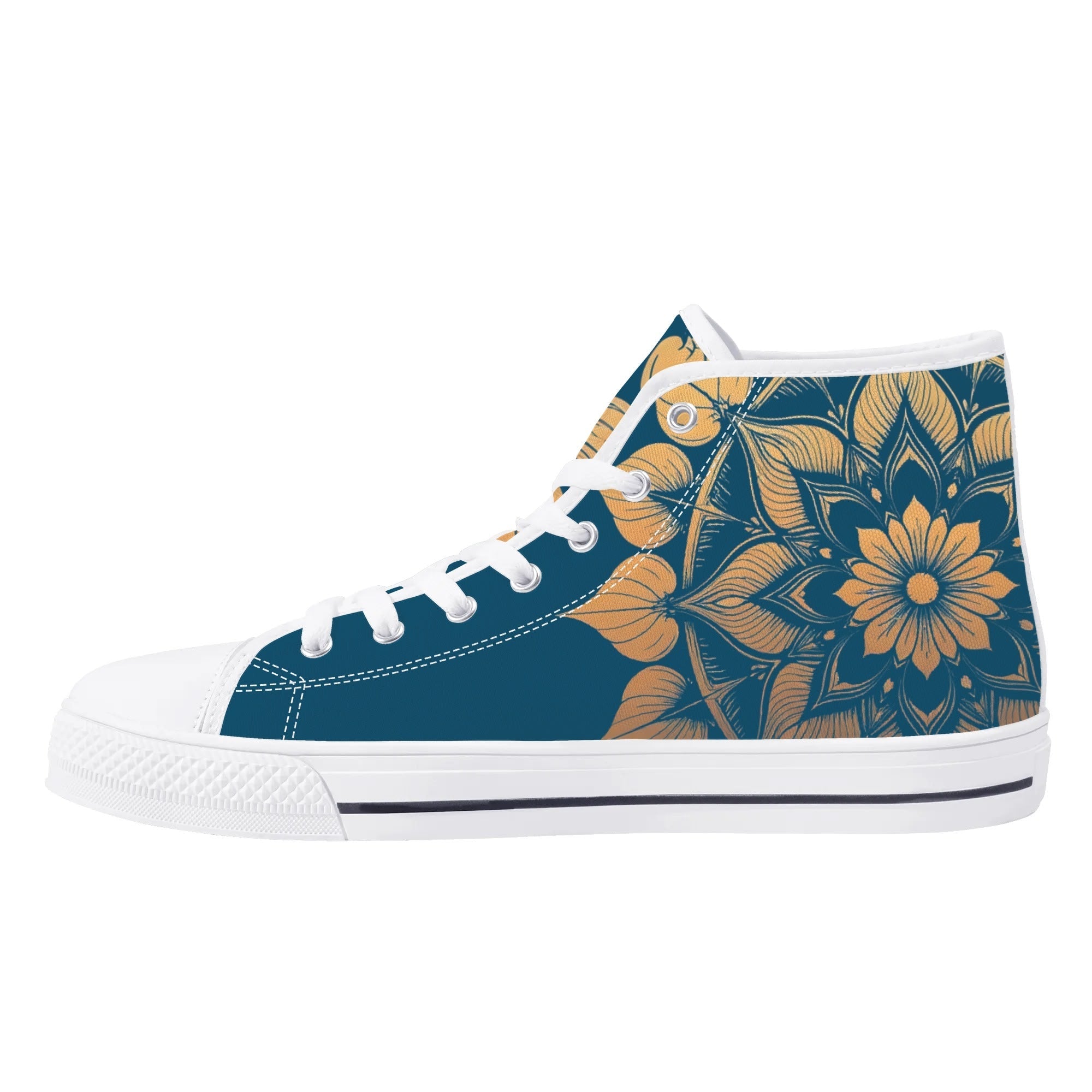 Antique Mandala on Dark Blue Canvas Hightops (white right inside)