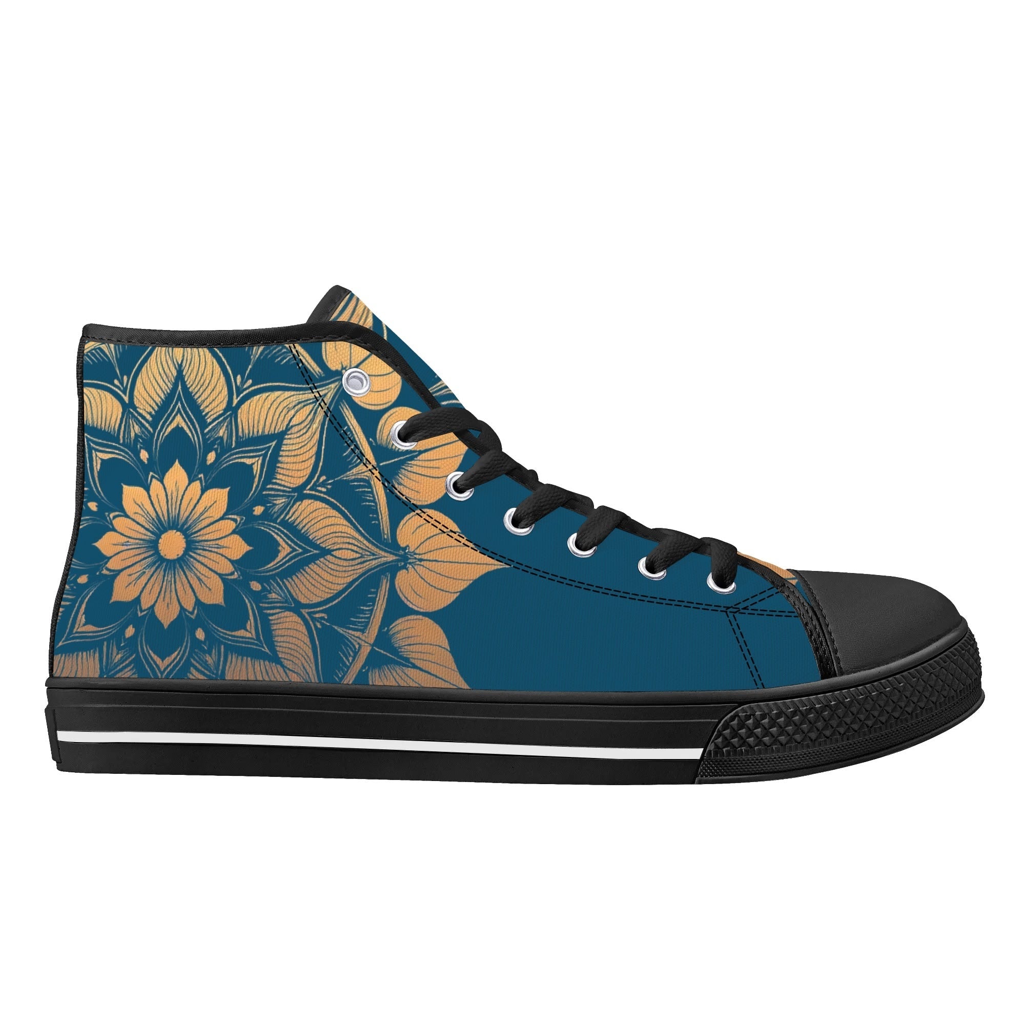 Antique Mandala on Dark Blue Canvas Hightops (black right outside)