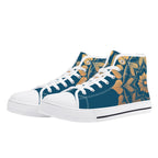 Antique Mandala on Dark Blue Canvas Hightops (white pair angled)