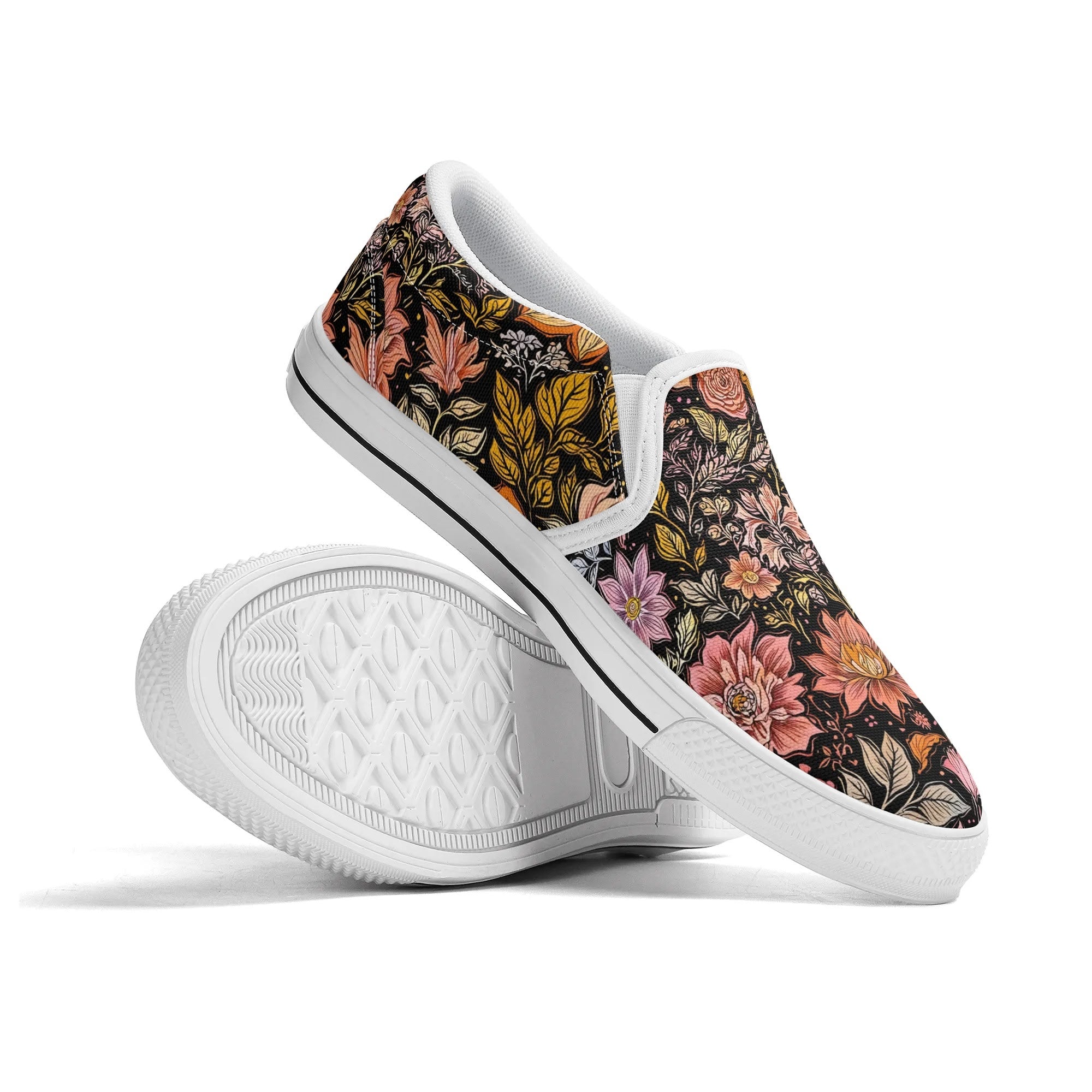 Vintage Noir Bloom Canvas Slipons (white pair stacked)